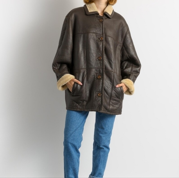 80s Western Sheepskin Coat, Size L Brown Shearling Coat Vintage Leather Jacket - Picture 3 of 16